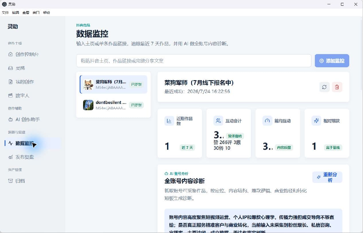 灵动数据监控页面，展示竞品指标和 AI 账号内容诊断